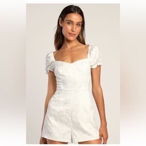 Lulu’s All Elegance Ivory Satin Floral Jacquard Puff Sleeve Romper